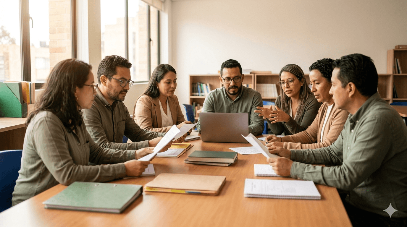Educadores colaborando en un aula moderna