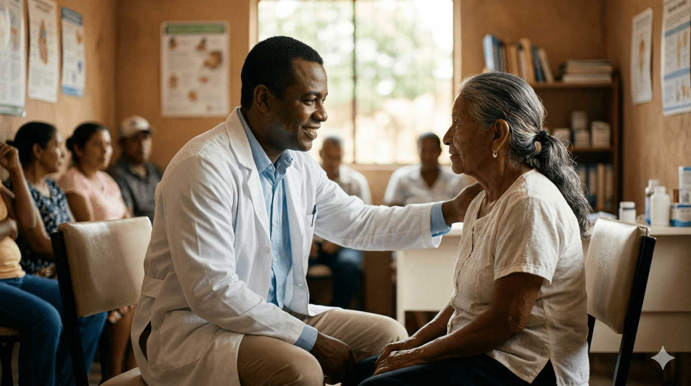 Médico atendiendo a un paciente en clínica comunitaria